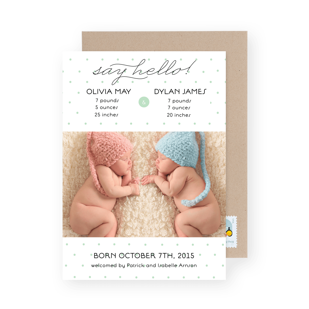 Mint Dots Twin Birth Announcement