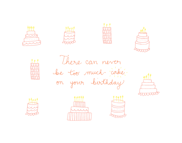 Hand Drawn Never too much cake Birthday Card