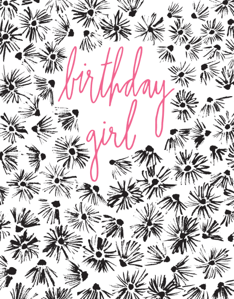 Floral Drawing With Pink Cursive Birthday Girl Card