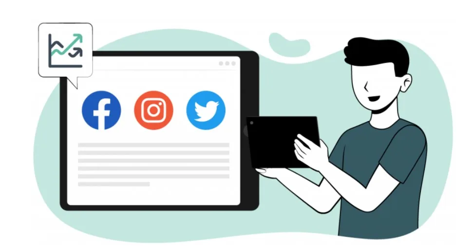 Ilustración de hombre con tablet leyendo un contenido con infografías, un recurso gráfico clave para SXO SEO