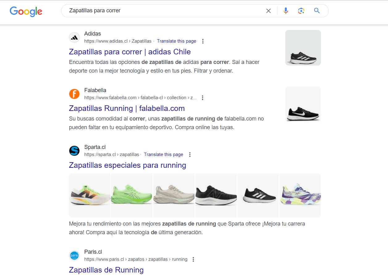 Página de resultados en Google al buscar zapatillas para correr
