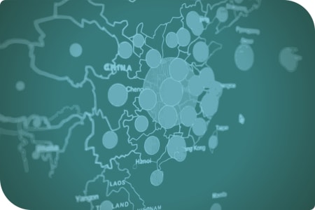Un mapa de Asia con una gran cantidad de puntos.