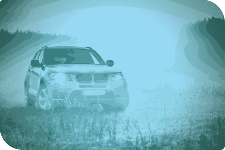 Un BMW conduce en un campo de hierba, rodeado de árboles.