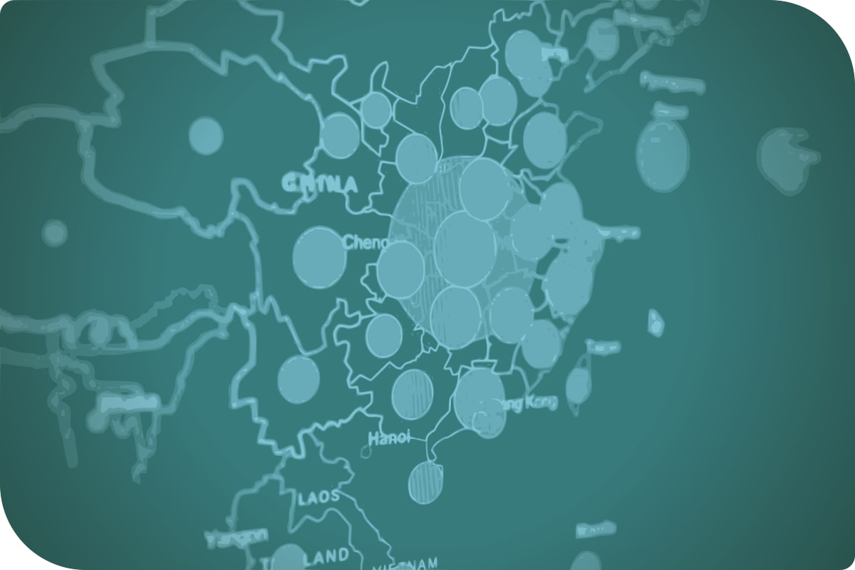 Un mapa de Asia con una gran cantidad de puntos.