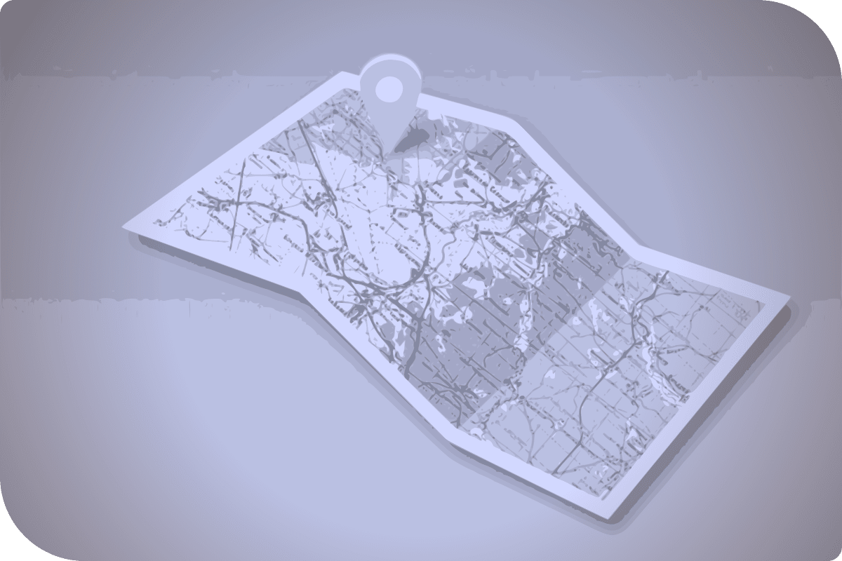 Mapa de un área en blanco con una aguja en el centro.