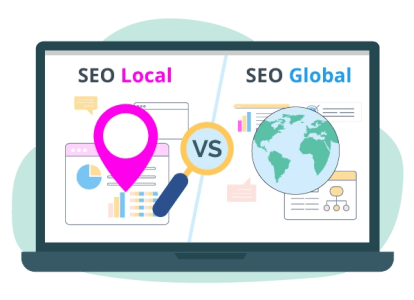 Una imagen de un ordenador con un mapa del mundo y una página web de SEO.