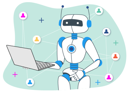 Un robot con gafas y una computadora en su regazo.