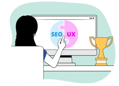 Usuario uniendo piezas de SEO y UX en un rompecabezas para llegar al SXO y potenciar resultados empresariales
