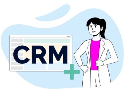 Una mujer con una camisa blanca y un codo en alto, con el texto "CRM" en la parte inferior.