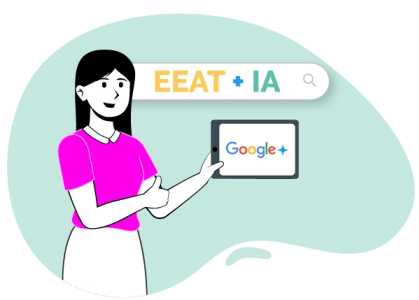 Una mujer usa un dispositivo de Google y escribe "Eat + IA".