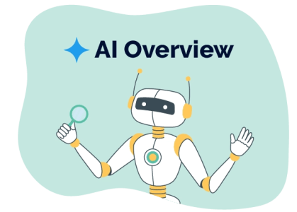 Un robot con una lupa en su mano, mostrando un resumen de AI.