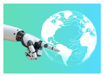 Un robot con una mano extendida y un dedo en el globo terráqueo.