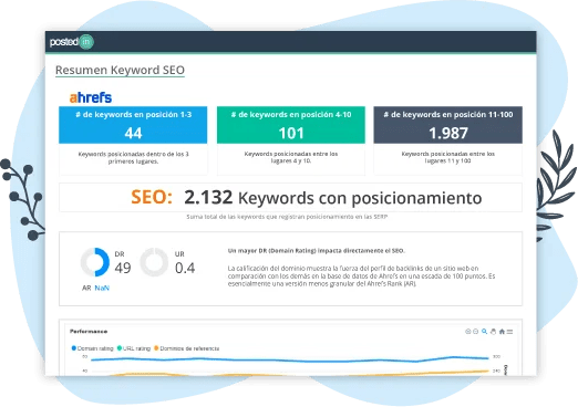 Una página web con estadísticas de SEO y posicionamiento.