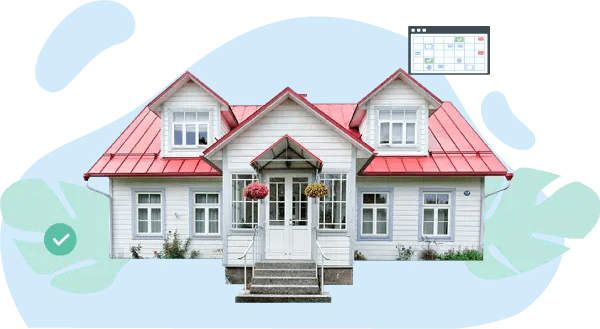 Casa con techo rojo y azul.
