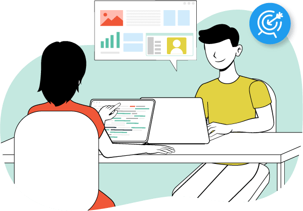 Dos personas están trabajando en un ordenador en una mesa.