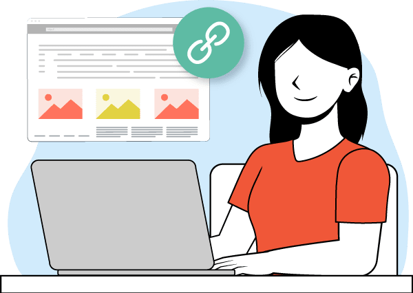 Una mujer usando un ordenador y una página web con un enlace.