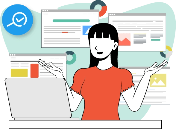 Una mujer con una computadora en su escritorio, con una pantalla de escritorio y una pantalla de escritorio en el fondo.