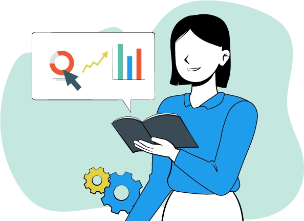 Una mujer lee un libro mientras un gráfico de barras y un índice de crecimiento se muestran en su alrededor.