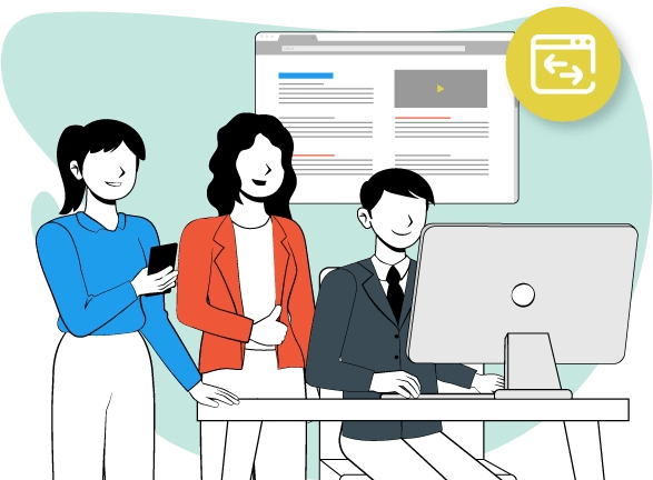 Tres personas están juntas en una oficina, trabajando en sus computadoras.