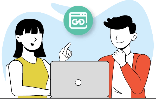 Ilustración de dos personas mirando la pantalla de un laptop, da la sensación de que comentan lo que ven en la pantalla.