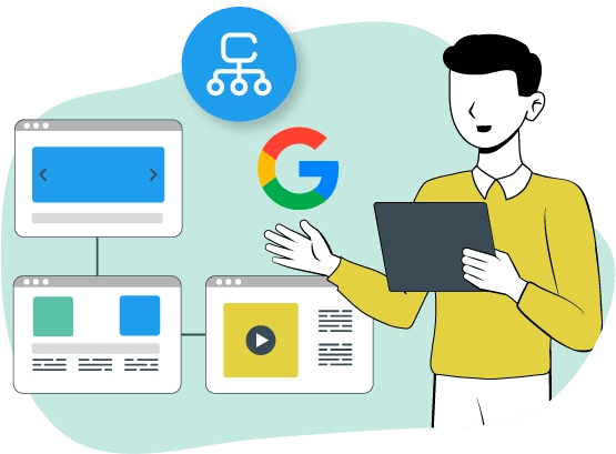 Una persona mirando una tablet, al fondo el logo de Google con tres pantallas conectadas entre si.