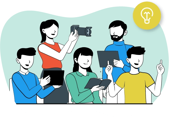 Un grupo de personas con dispositivos electrónicos, como iPads y cámaras, se reúne para discutir y trabajar juntos.