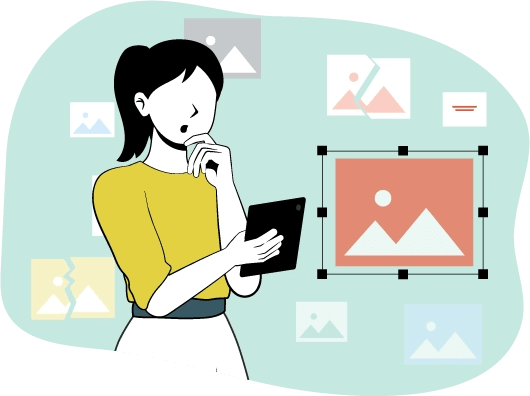 Una mujer está pensando en una pantalla de su teléfono mientras está rodeada de imágenes.