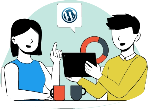 Dos personas están sentadas en una mesa, hablando y usando un dispositivo electrónico.