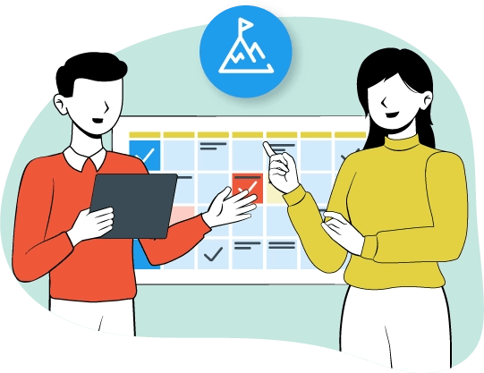 Dos personas están discutiendo un calendario en una reunión.