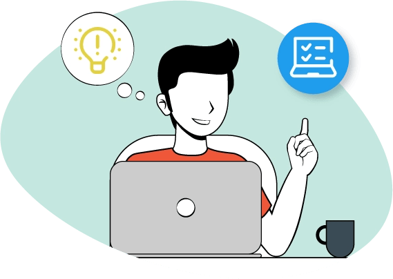 Un hombre con una computadora y una taza de café.