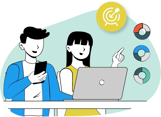 Dos personas están usando sus teléfonos móviles mientras están sentados frente a un ordenador.