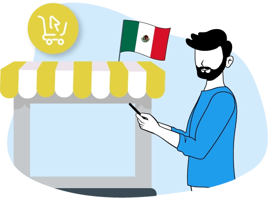 Un hombre escribe en un cuadro mientras una bandera de México flamea detrás de él.