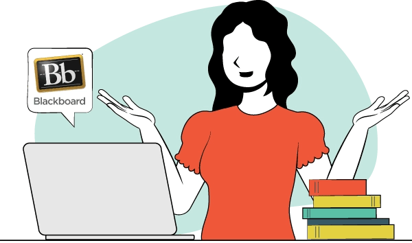 Una mujer con una computadora y una pila de libros.