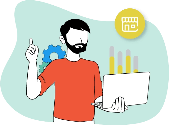 Un hombre con una computadora en su mano, con una pantalla en la parte superior derecha.