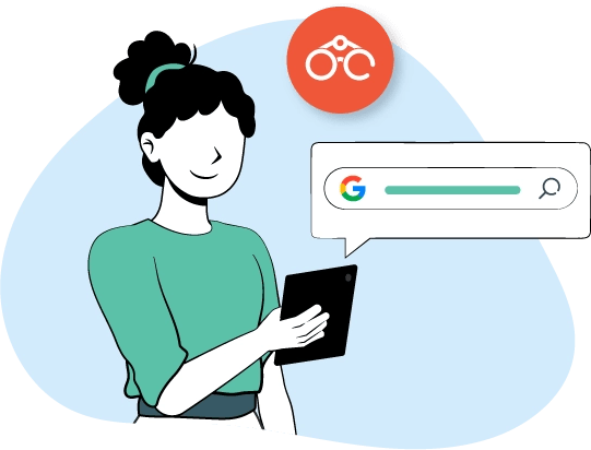Una mujer usa su tablet para buscar información en Google.