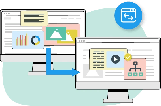 Una imagen de dos pantallas con una flecha que indica que se puede ver el contenido de la otra pantalla.