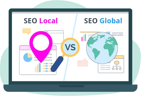 Una imagen de un ordenador con un mapa del mundo y una página web de SEO.