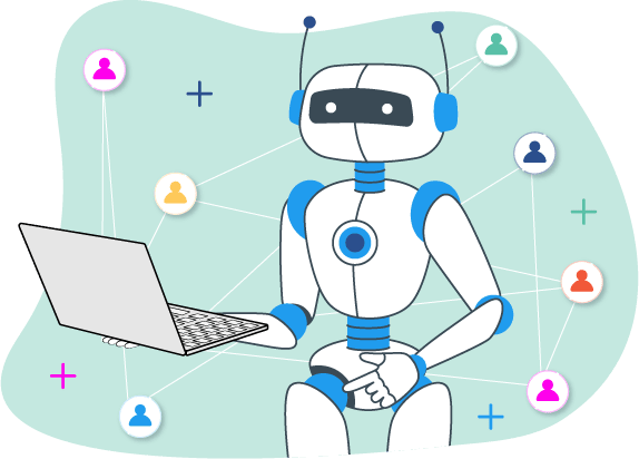 Un robot con gafas y una computadora en su regazo.