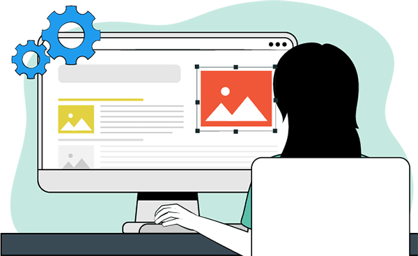 Una mujer usa un ordenador y ve una imagen de una montaña.