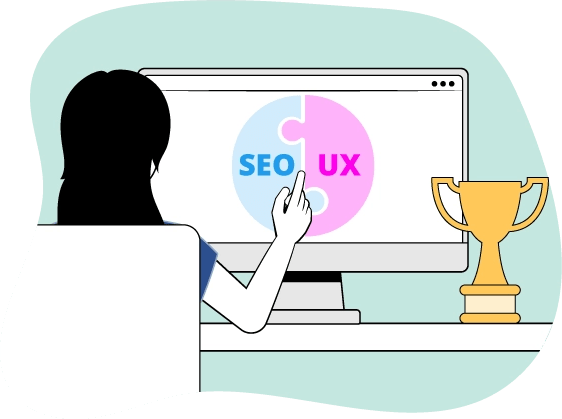 Usuario uniendo piezas de SEO y UX en un rompecabezas para llegar al SXO y potenciar resultados empresariales