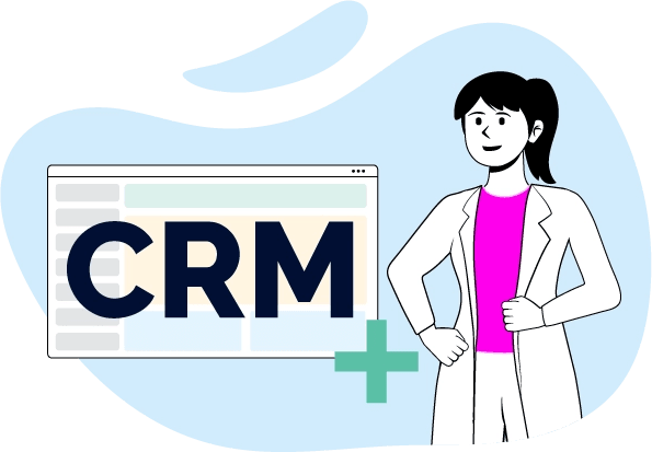 Una mujer con una camisa blanca y un codo en alto, con el texto "CRM" en la parte inferior.