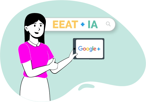 Una mujer usa un dispositivo de Google y escribe "Eat + IA".