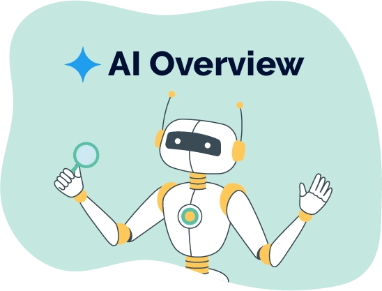 Un robot con una lupa en su mano, mostrando un resumen de AI.