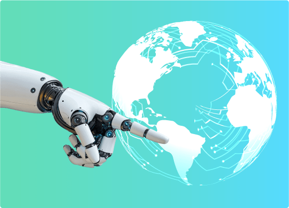 Un robot con una mano extendida y un dedo en el globo terráqueo.