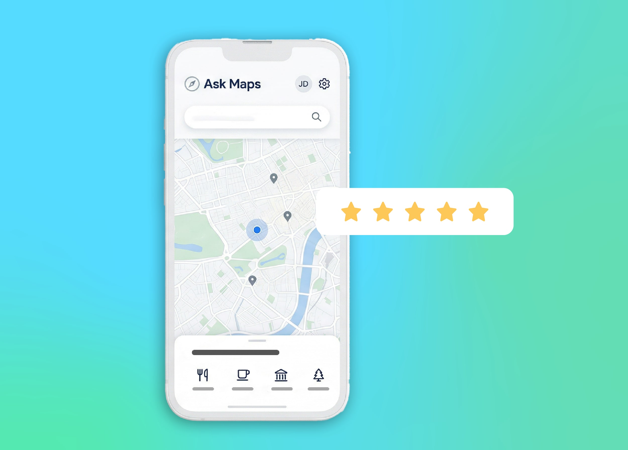 Una pantalla de un dispositivo móvil mostrando una ubicación de mapas y una calificación de estrellas.