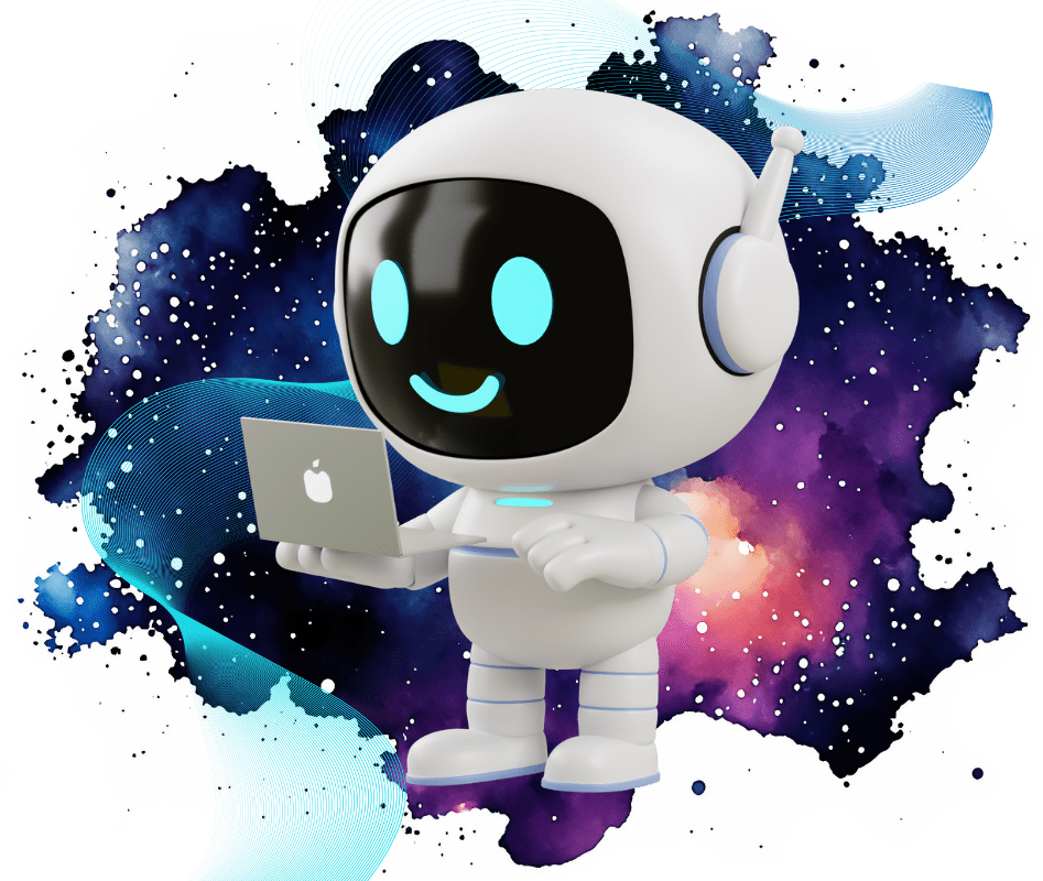 Un robot con una computadora en su mano, sonriendo y mostrando su inteligencia.