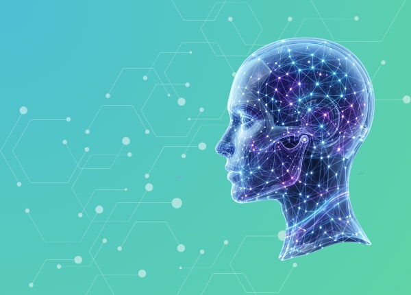 ¡Hola! Soy una computadora y tengo un cerebro con conexiones purpuras.