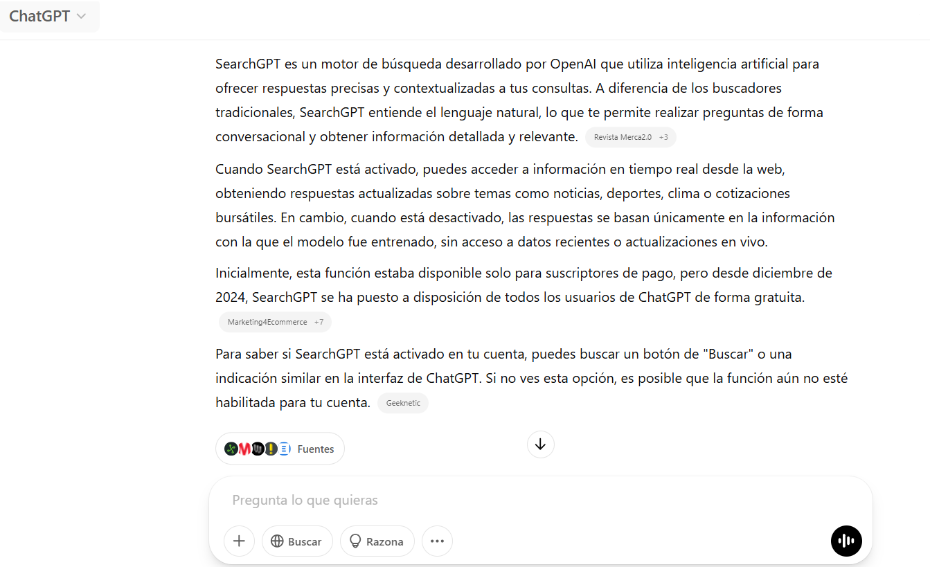 searchgpt activado para búsquedas en internet desde chatgpt