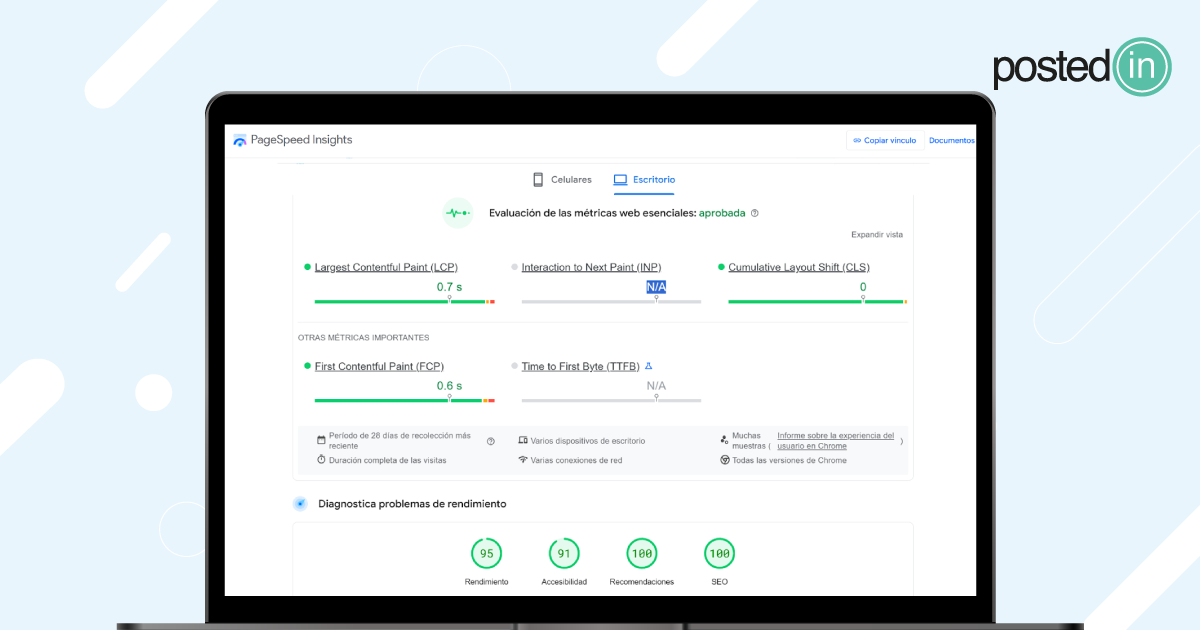 Resultados destacados de Postedin en la herramienta PageSpeed Insights.