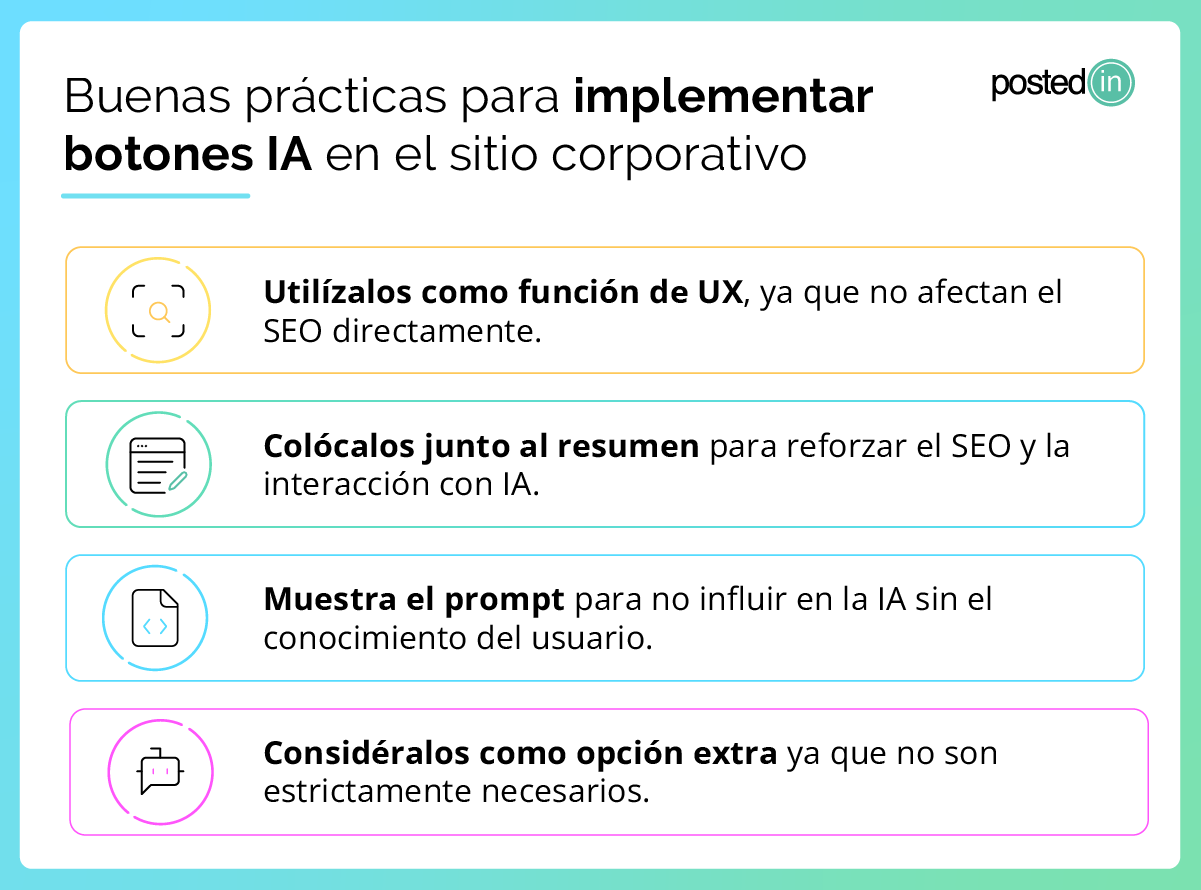 Infografía con buenas prácticas de contenido IA para mejorar el SEO generativo en la web.